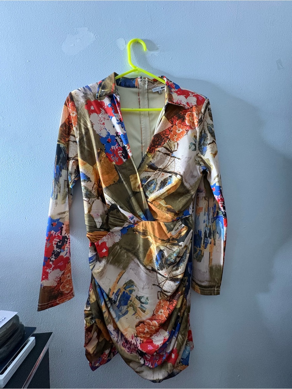 Fashion Nova Long-Sleeve Abstract Wrap Dress in Red, Blue, Orange, Olive